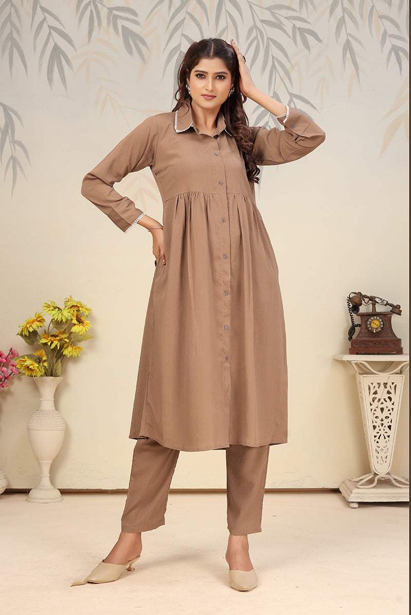 Brown Cotton Solid Festival Casual Kurti