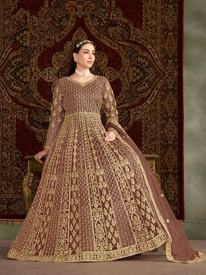 Brown Net Heavy Work Floor Length Gown With Dupatta