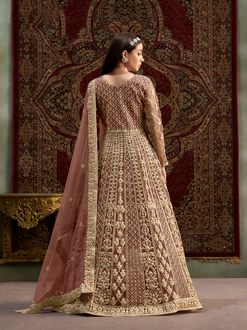 Brown Net Heavy Work Floor Length Gown With Dupatta