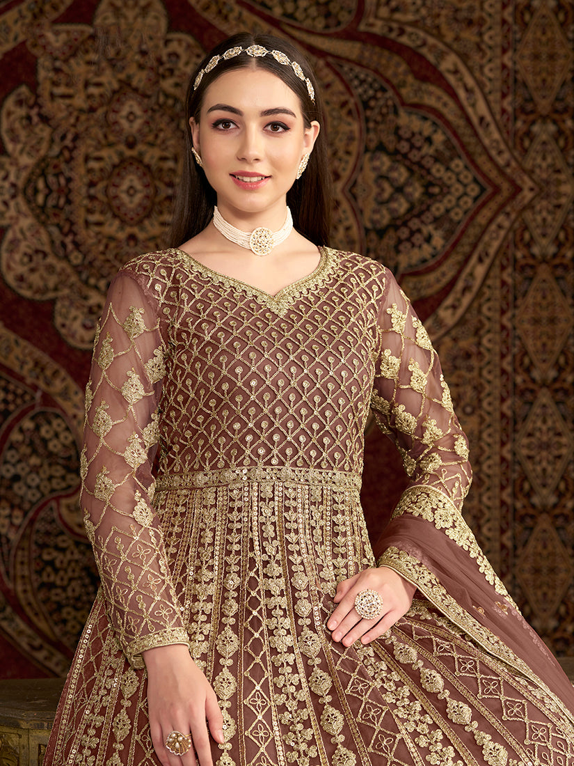 Brown Net Heavy Work Floor Length Gown With Dupatta