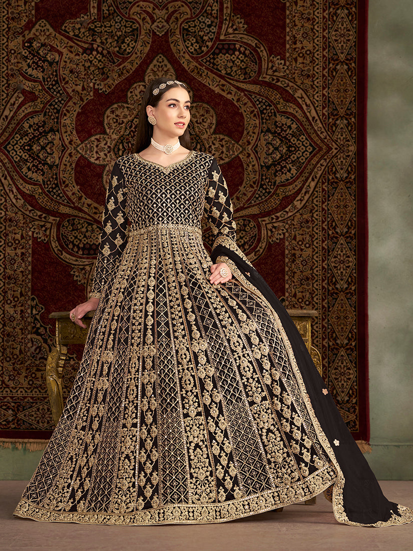 Black Net Heavy Sequence Work Floor Length Anarkali Suit