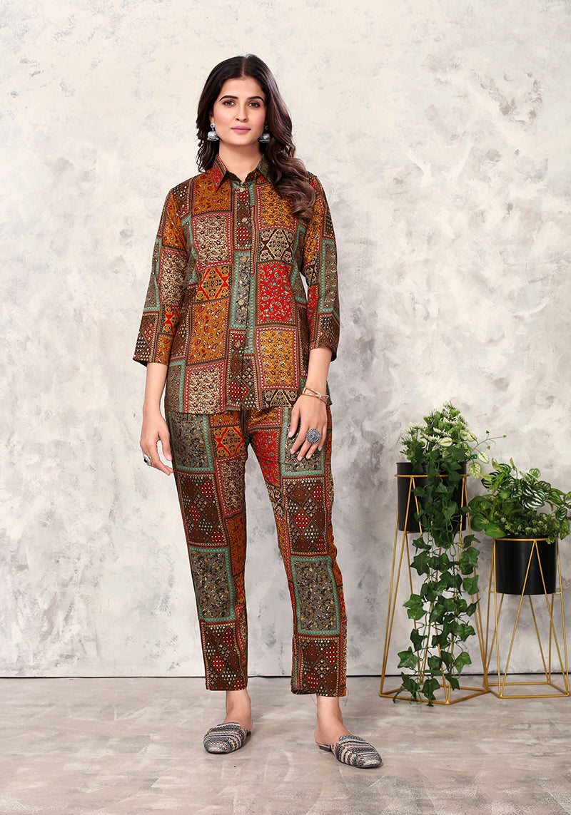 Brown Premium Rayon Floral Printed Co Ord Set