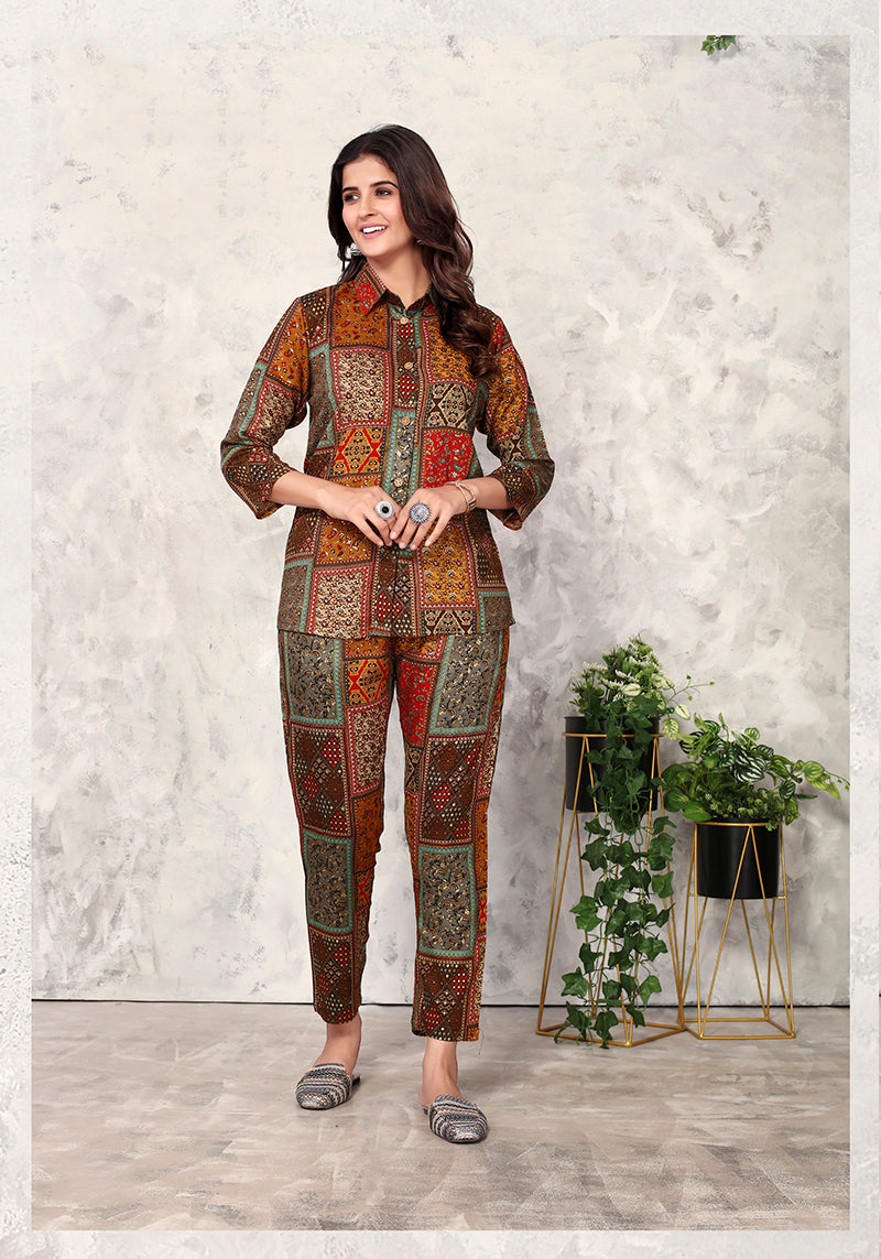 Brown Premium Rayon Floral Printed Co Ord Set