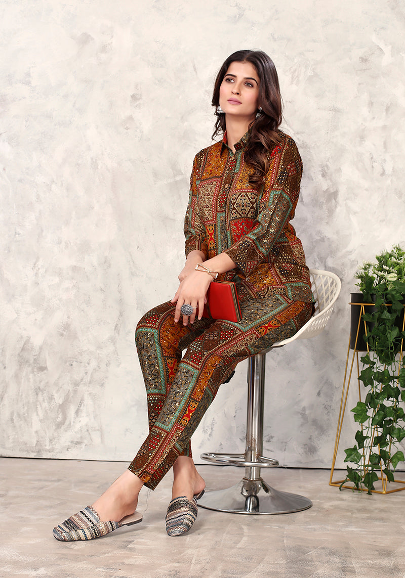 Brown Premium Rayon Floral Printed Co Ord Set