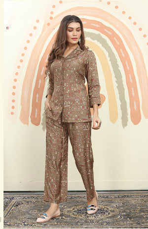 Brown Premium Rayon Floral Printed Kurta and Pant Set
