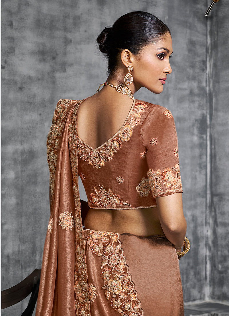 Brown Tissue Traditional Saree with Embroidered, Resham and Thread Work for Ceremonial