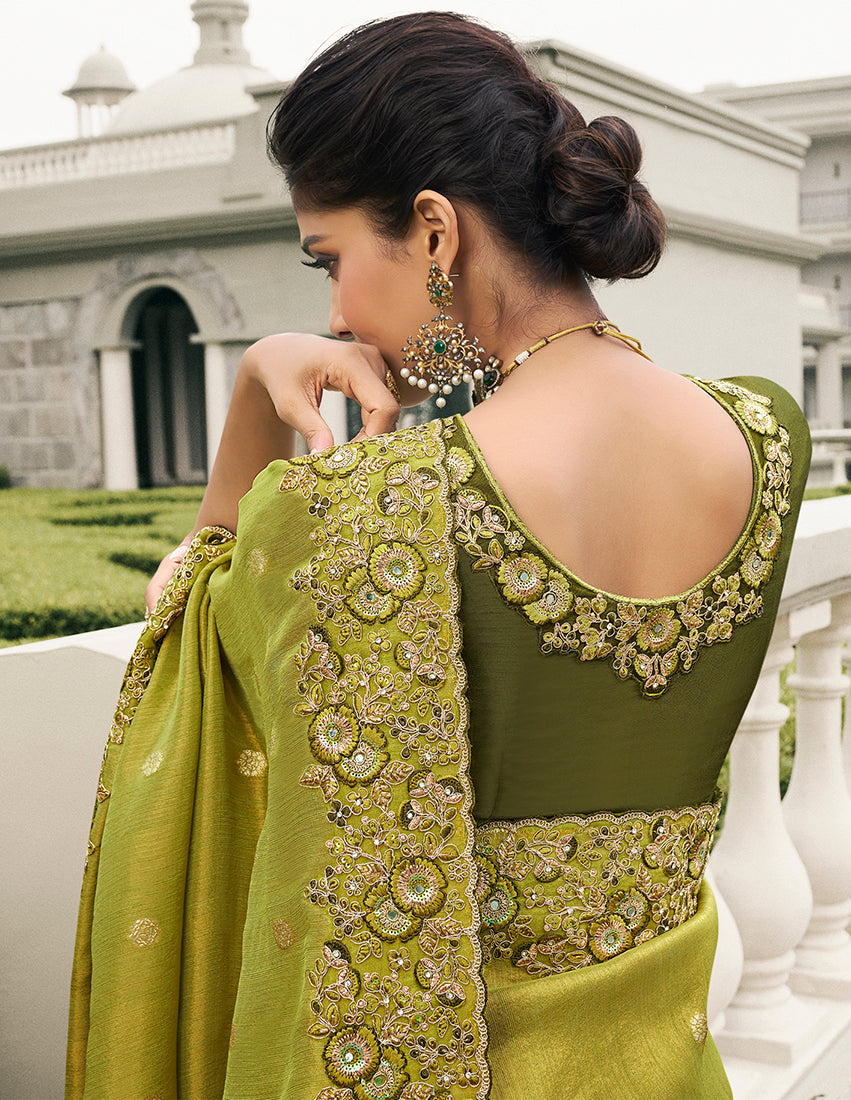Light Olive Green Tussar Silk Embroidered Work Saree