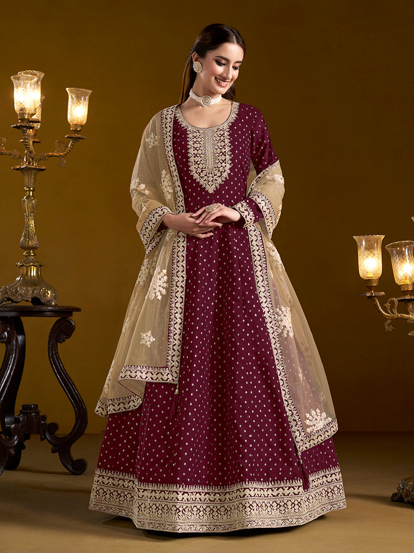 Burgundy Chanderi Butti Embroidered Anarkali Suit With Heavy Dupatta