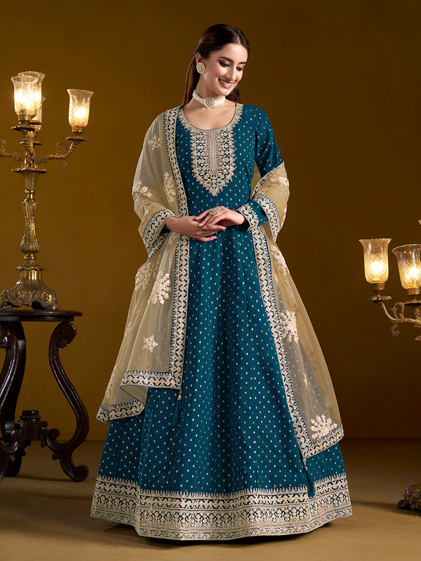 Teal Blue Chanderi Butti Embroidered Anarkali Suit With Heavy Dupatta