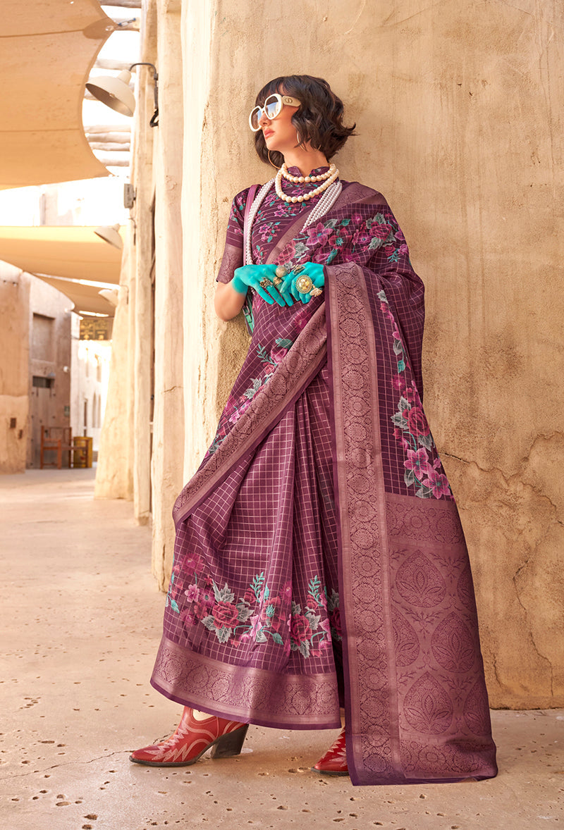 Burgundy Ethnic Motif Printed Georgette Saree with Zari Weave