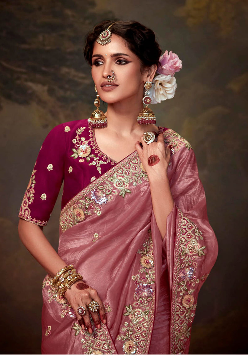 Pink Organza Silk Sequins & Thread Work Stylish Saree