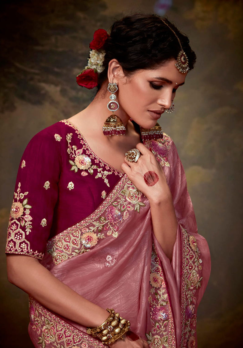 Pink Organza Silk Sequins & Thread Work Stylish Saree