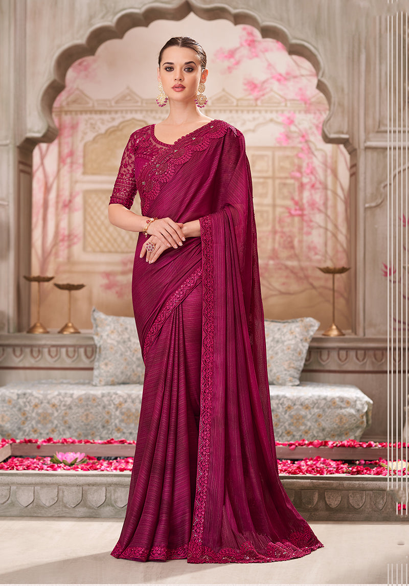 Burgundy Satin SIlk Embroidered Work Saree