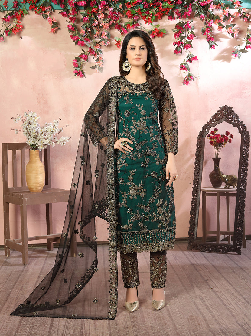 Dark Green Net Embroidered Festival Salwar Kameez - Monjolika Fashion