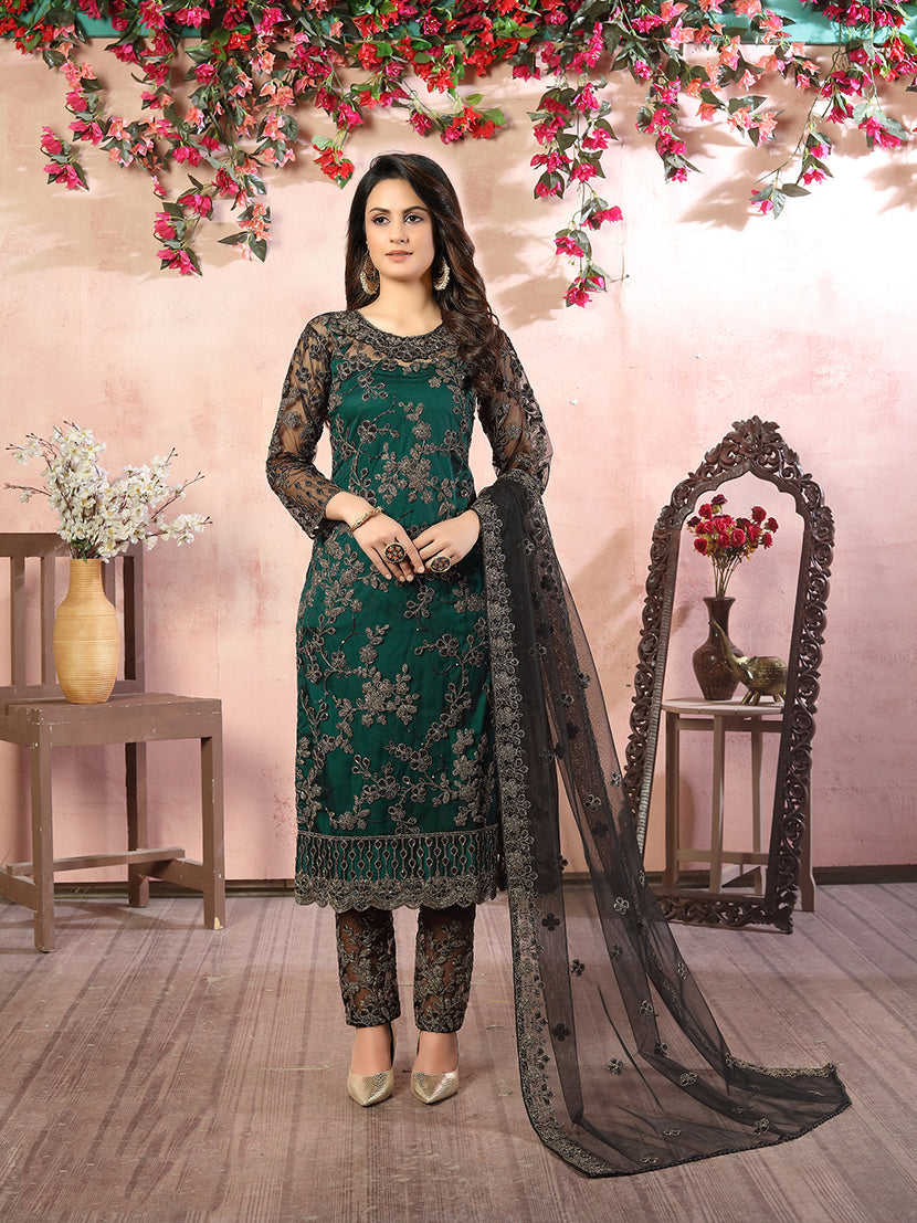 Dark Green Net Embroidered Festival Salwar Kameez - Monjolika Fashion