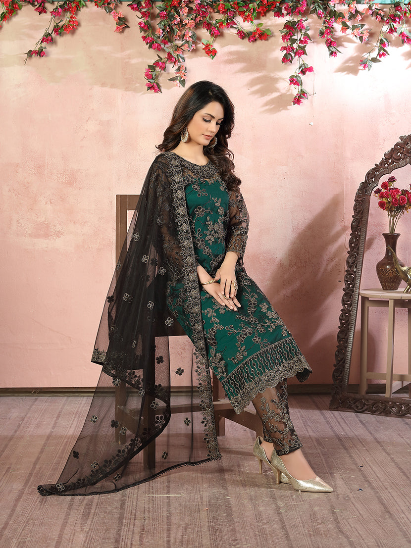 Dark Green Net Embroidered Festival Salwar Kameez - Monjolika Fashion