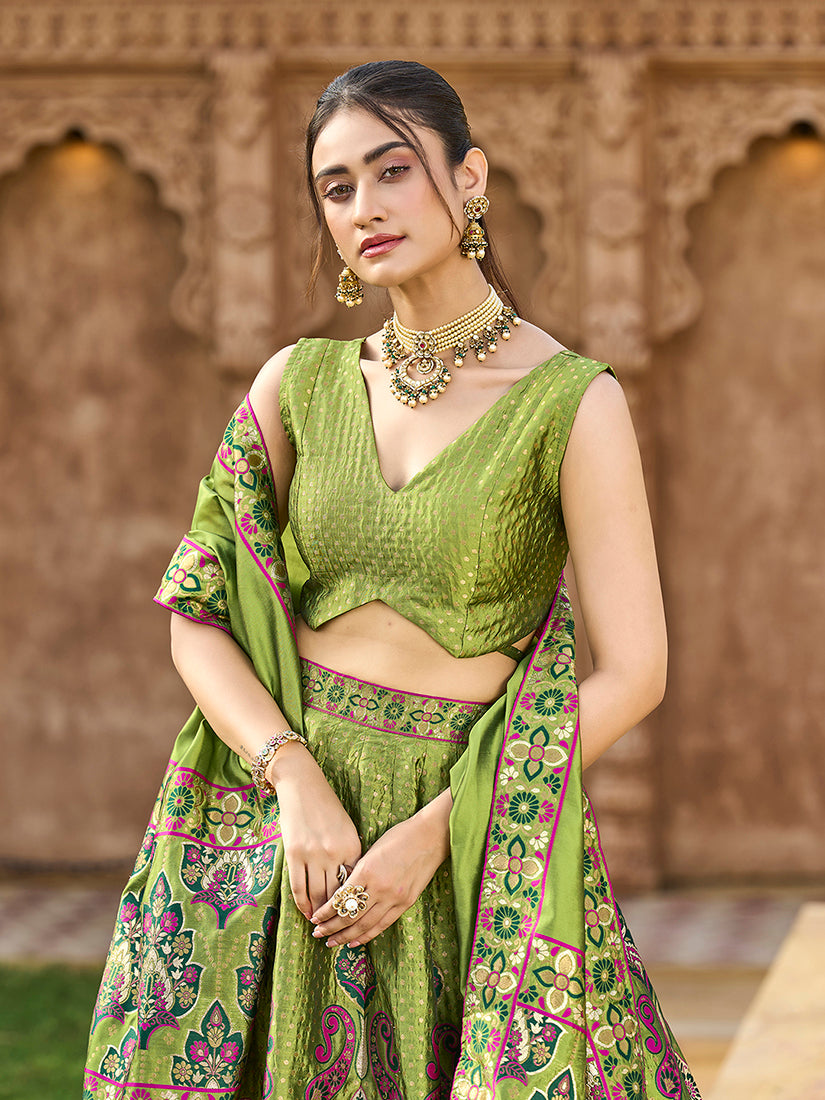 Charming Mehendi color Jacquard Lehenga choli with Dupatta