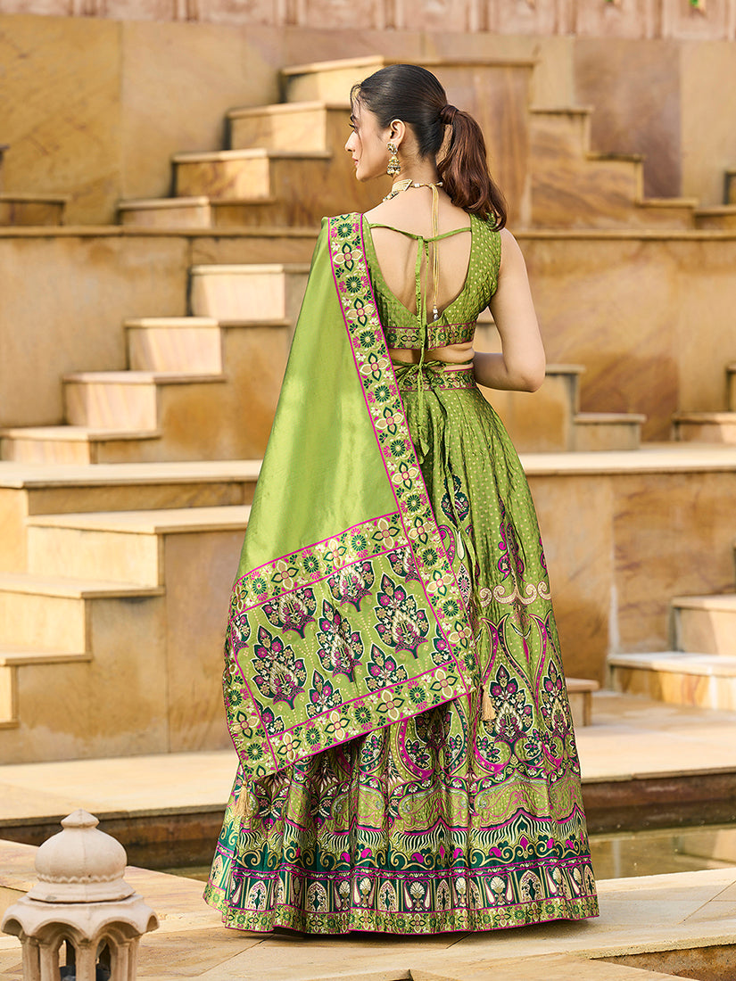 Charming Mehendi color Jacquard Lehenga choli with Dupatta