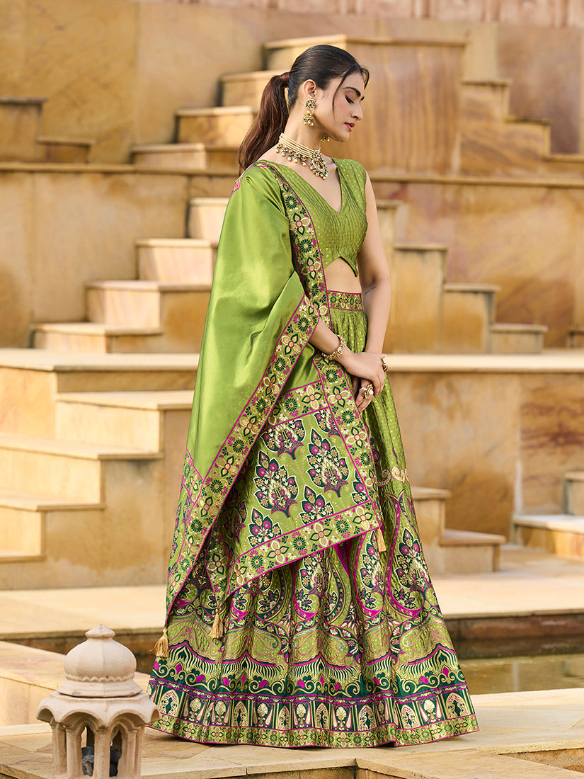 Charming Mehendi color Jacquard Lehenga choli with Dupatta