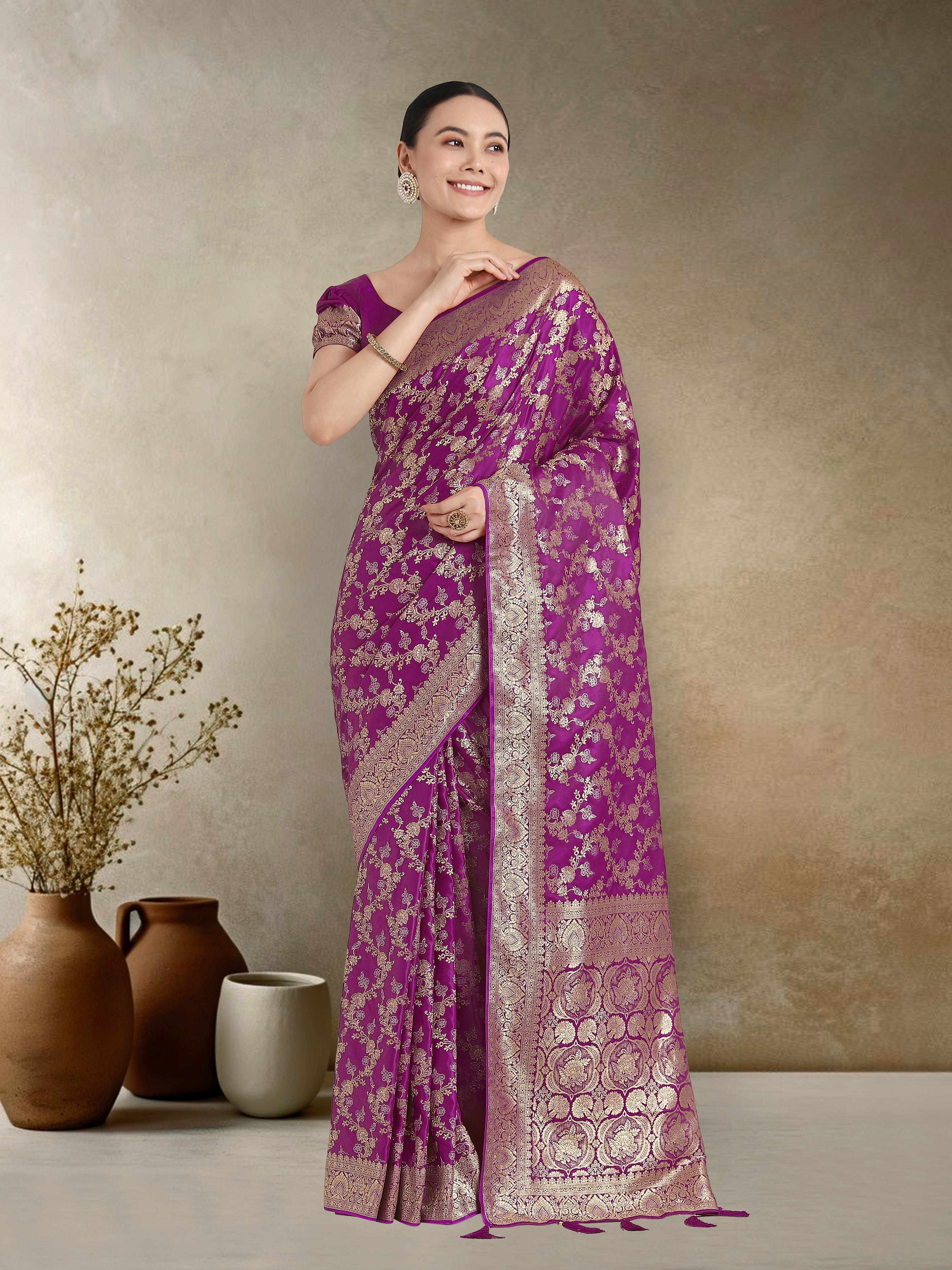 Effervescent Purple Soft Banarasi Satin Silk Saree With Elision Blouse Piece