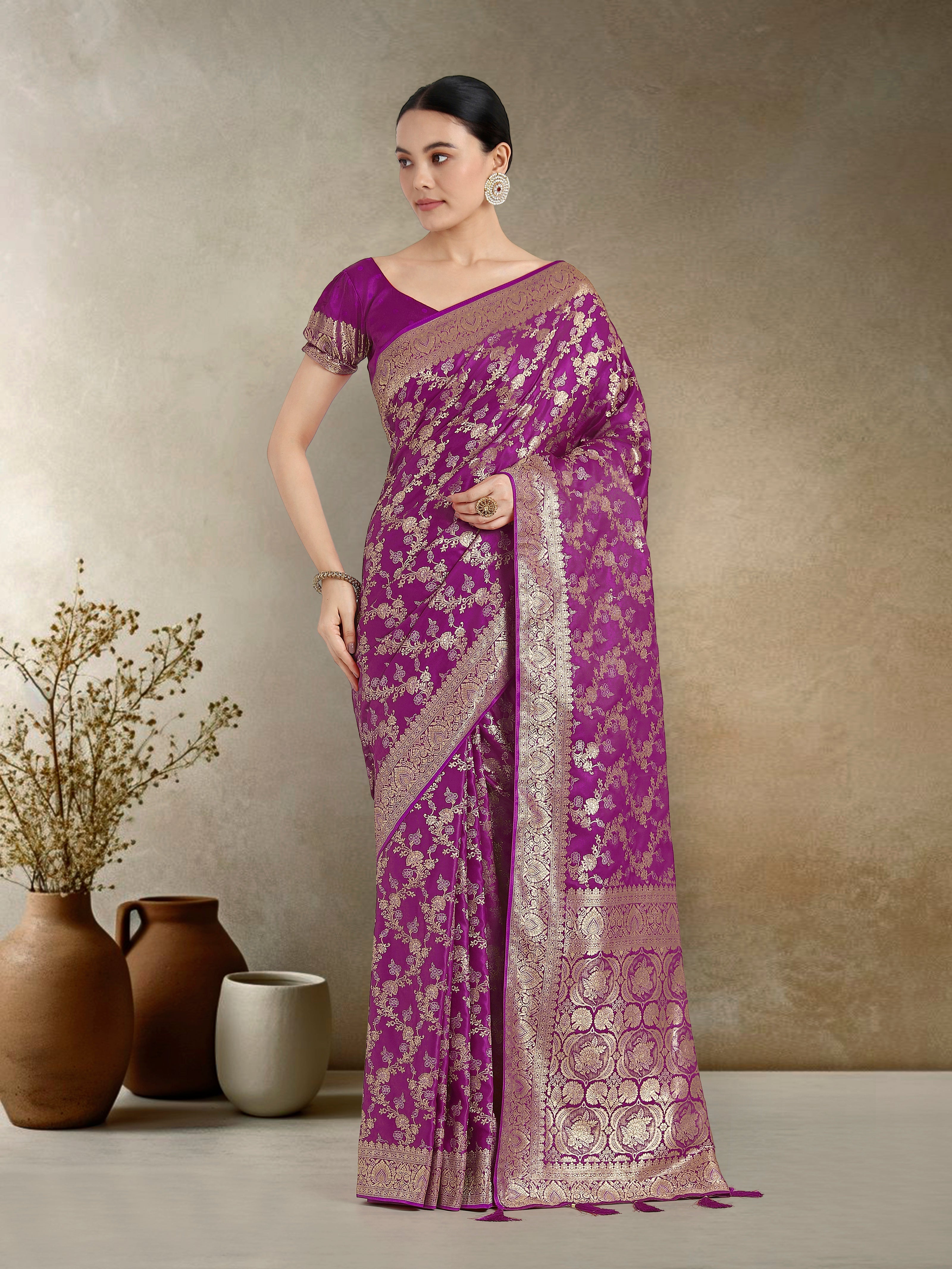 Effervescent Purple Soft Banarasi Satin Silk Saree With Elision Blouse Piece