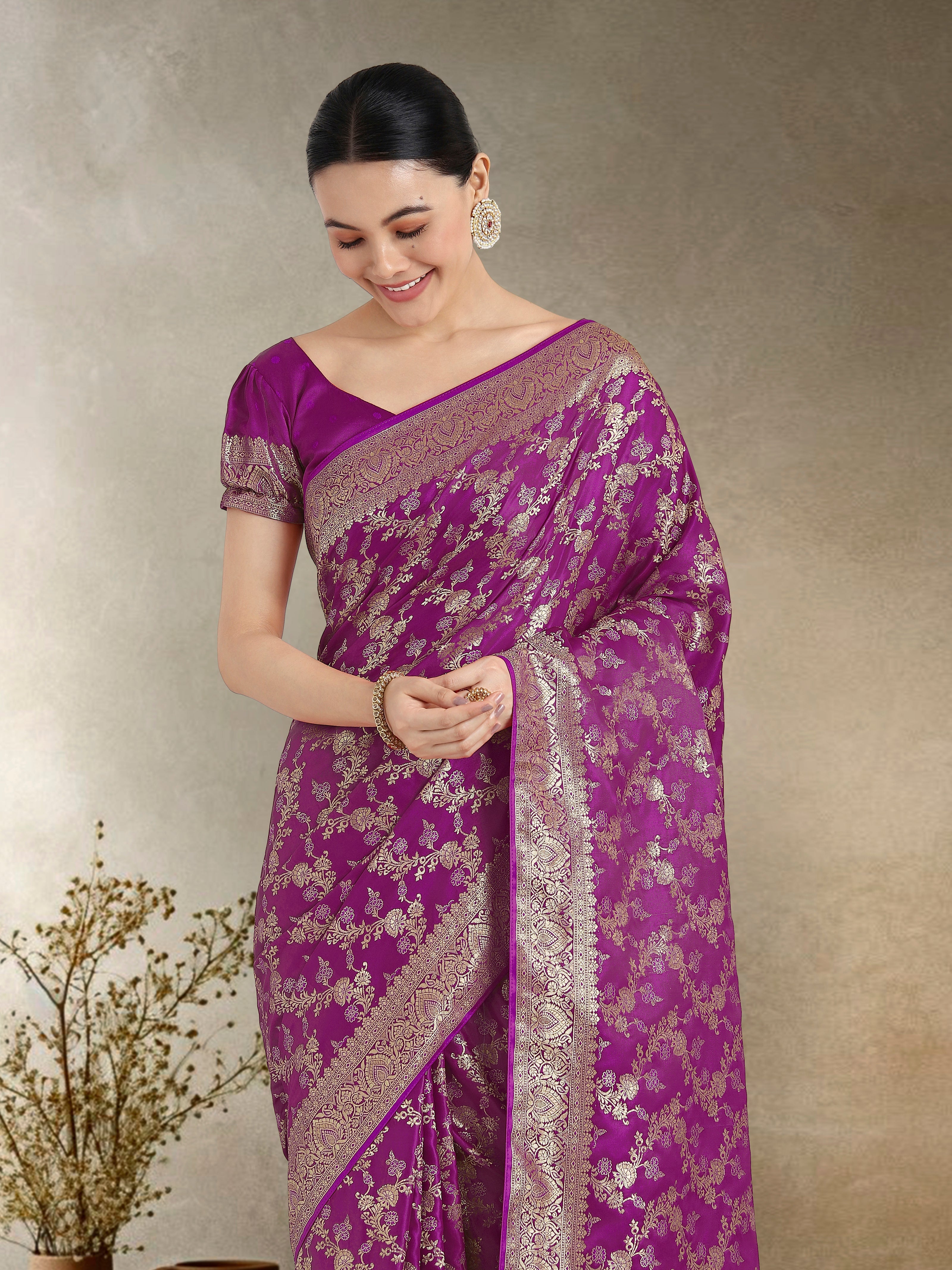 Effervescent Purple Soft Banarasi Satin Silk Saree With Elision Blouse Piece