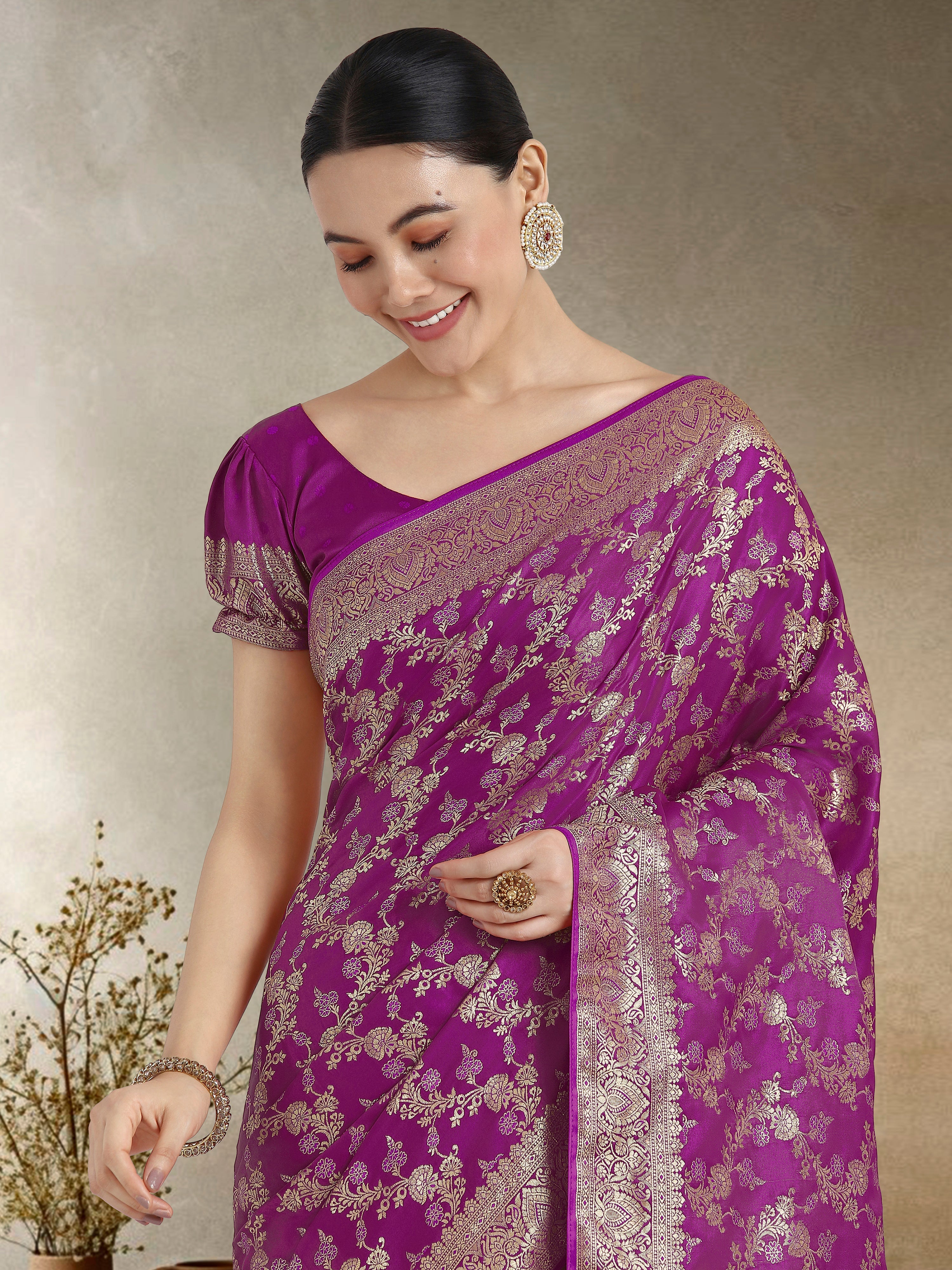 Effervescent Purple Soft Banarasi Satin Silk Saree With Elision Blouse Piece