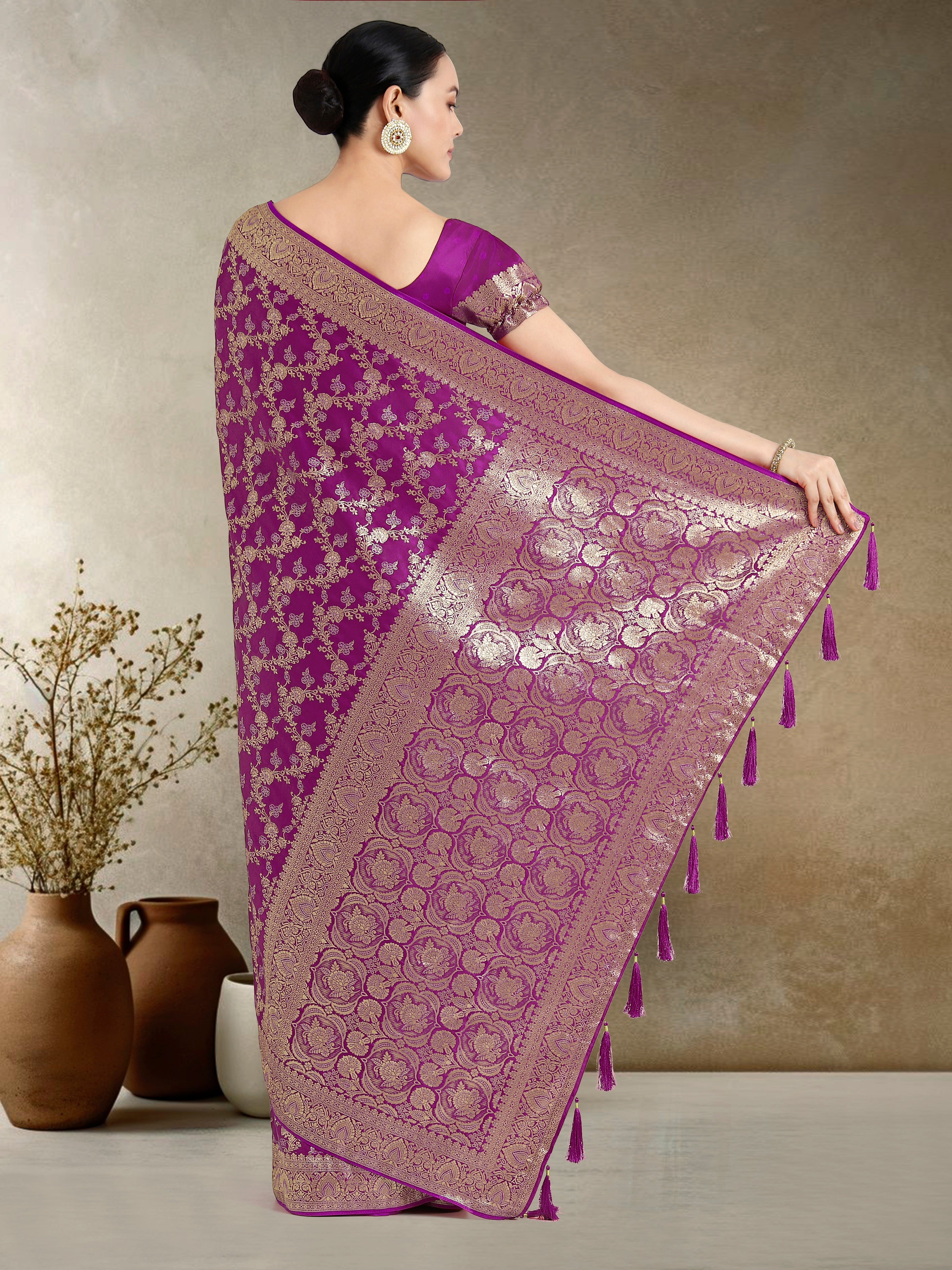 Effervescent Purple Soft Banarasi Satin Silk Saree With Elision Blouse Piece