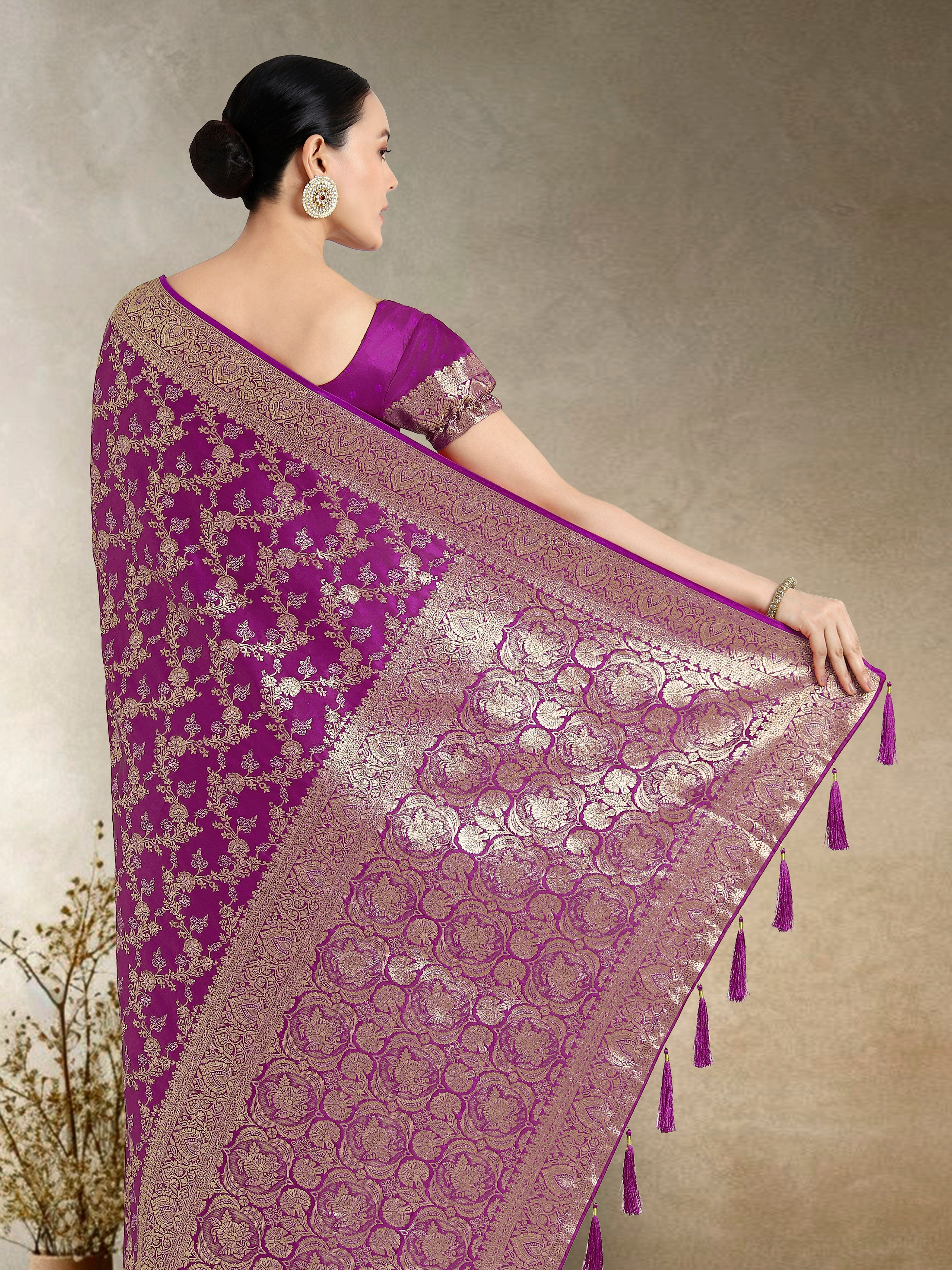 Effervescent Purple Soft Banarasi Satin Silk Saree With Elision Blouse Piece