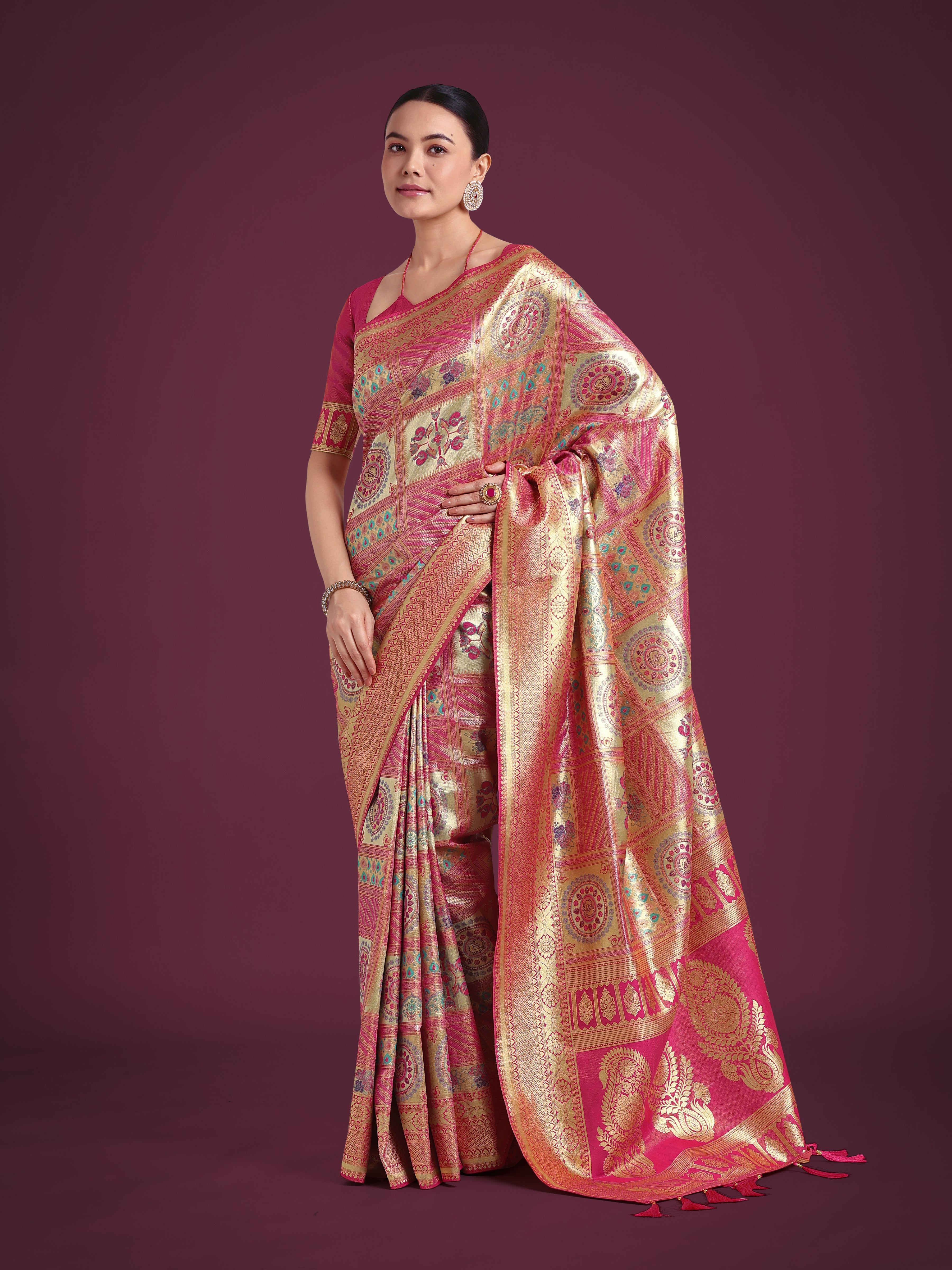 Charming Rani Pink and Gold Soft Banarasi satin Silk Saree With Pretty Blouse Piece