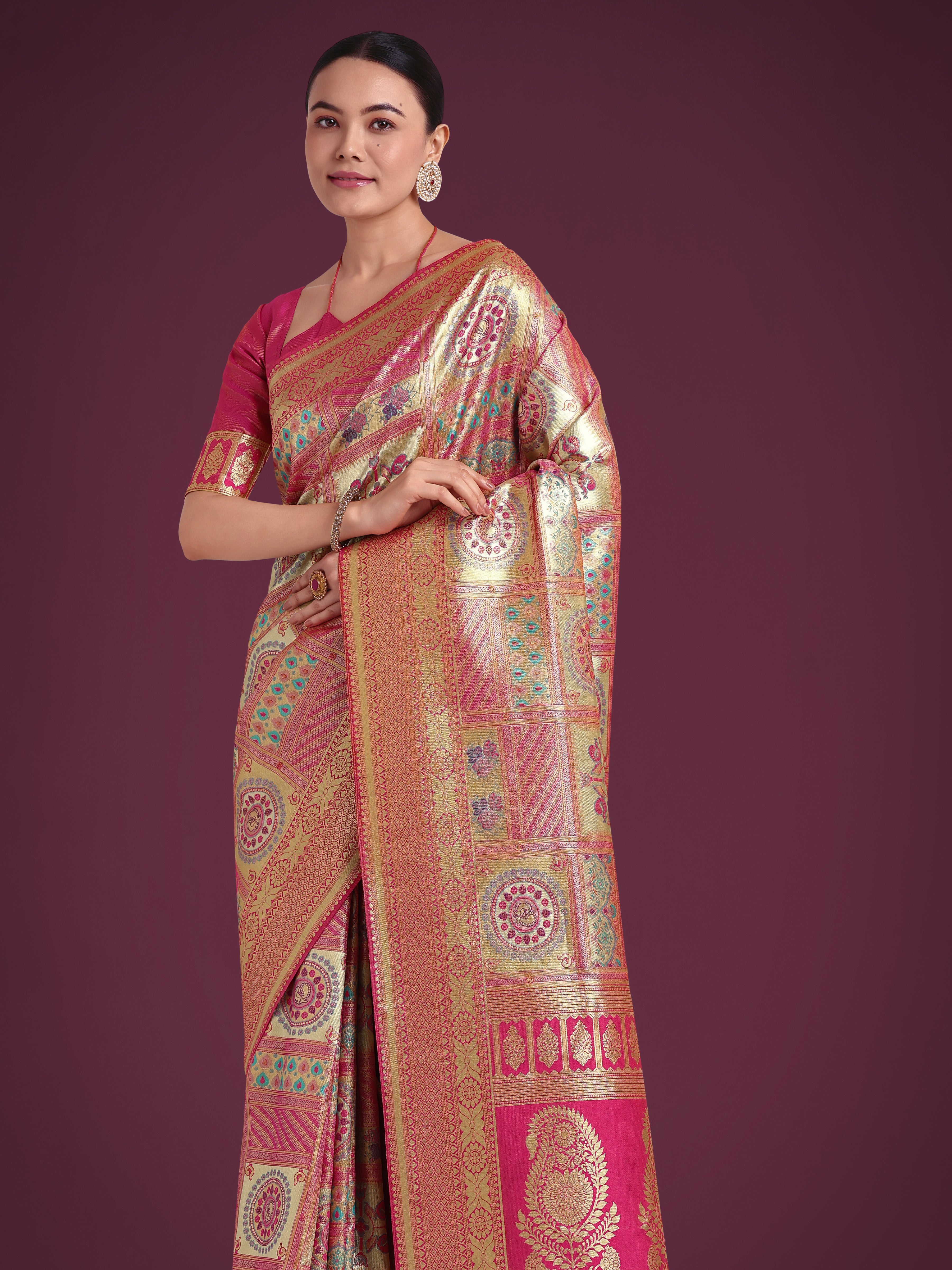 Charming Rani Pink and Gold Soft Banarasi satin Silk Saree With Pretty Blouse Piece
