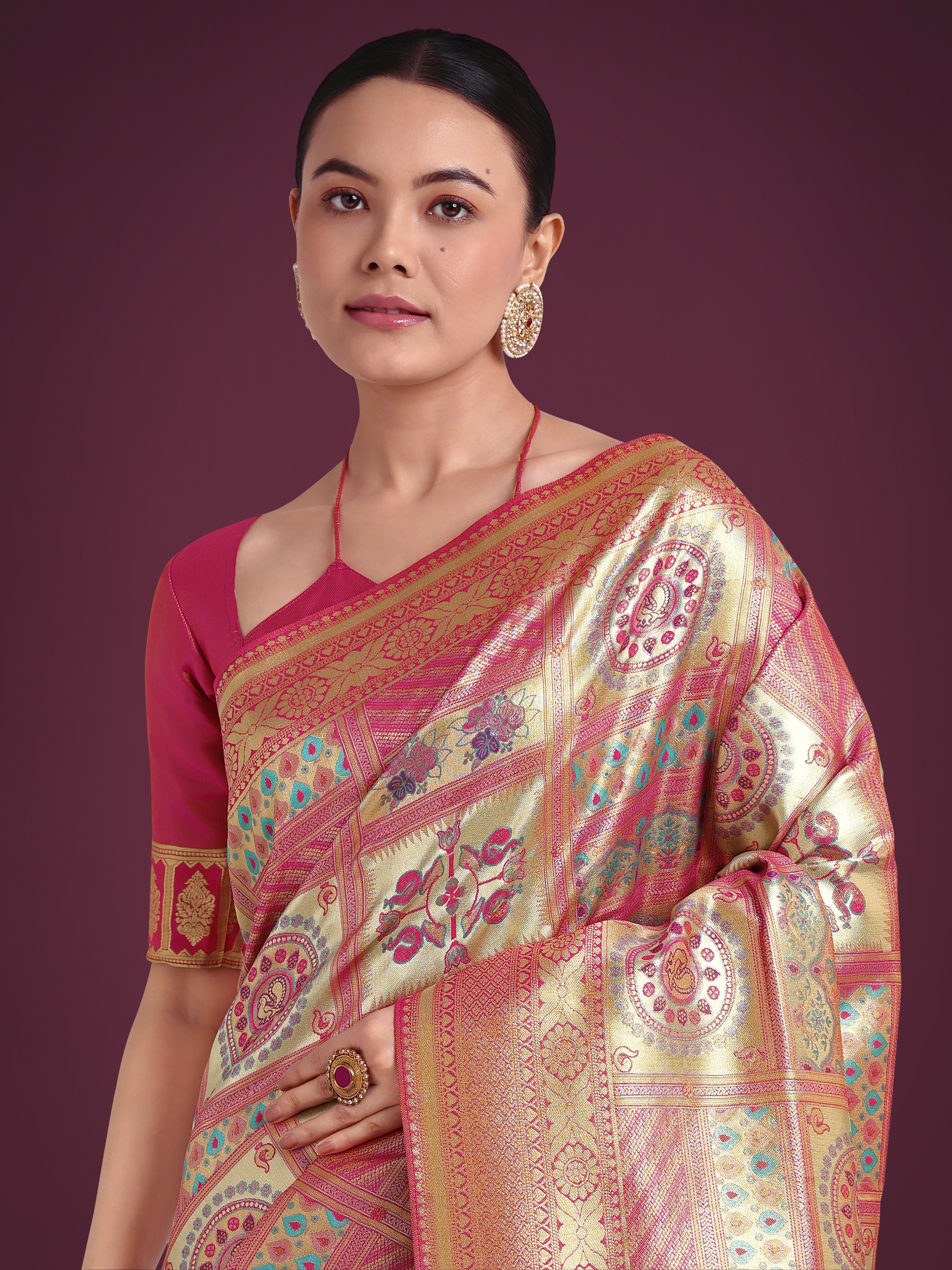 Charming Rani Pink and Gold Soft Banarasi satin Silk Saree With Pretty Blouse Piece