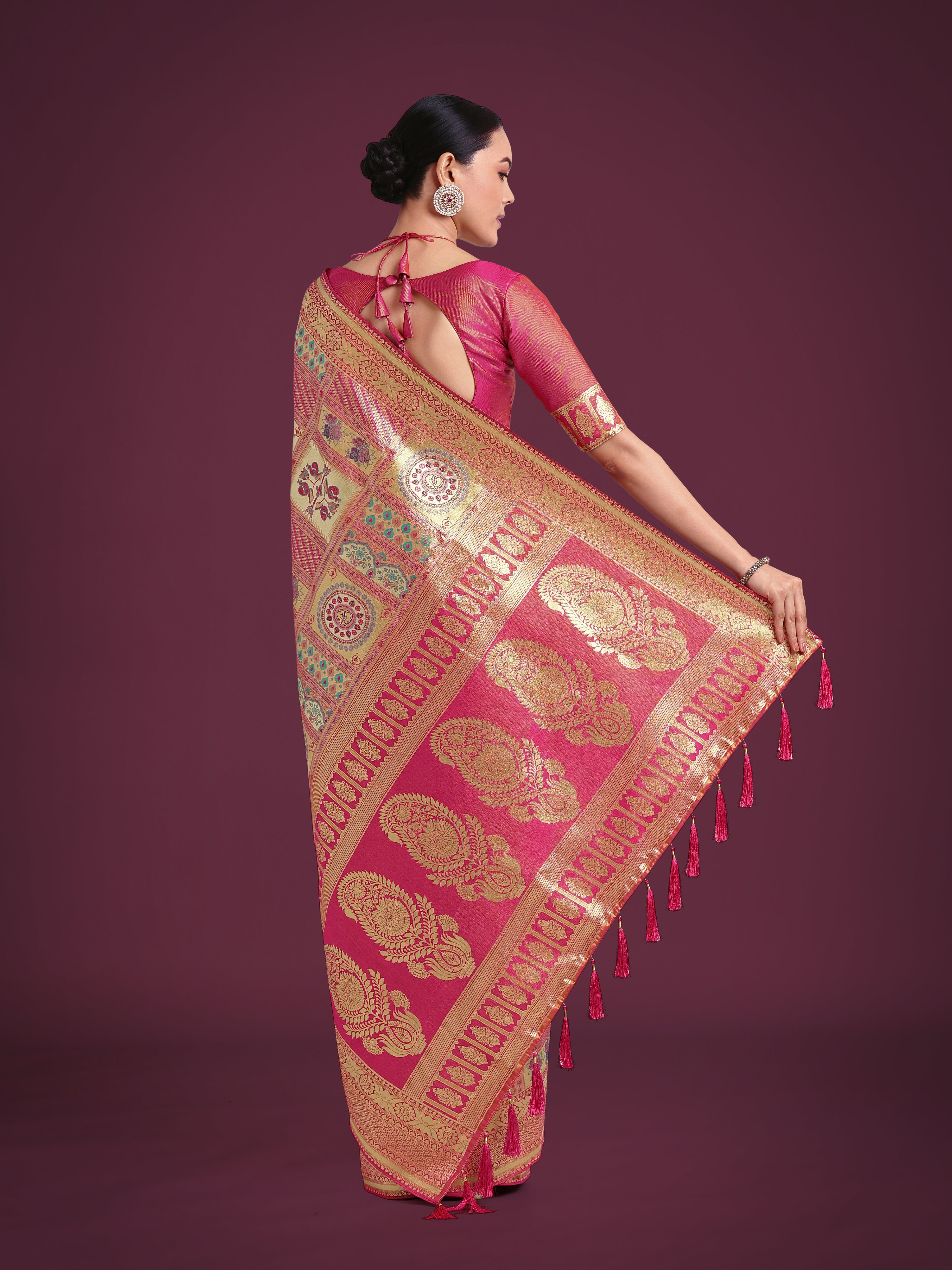 Charming Rani Pink and Gold Soft Banarasi satin Silk Saree With Pretty Blouse Piece