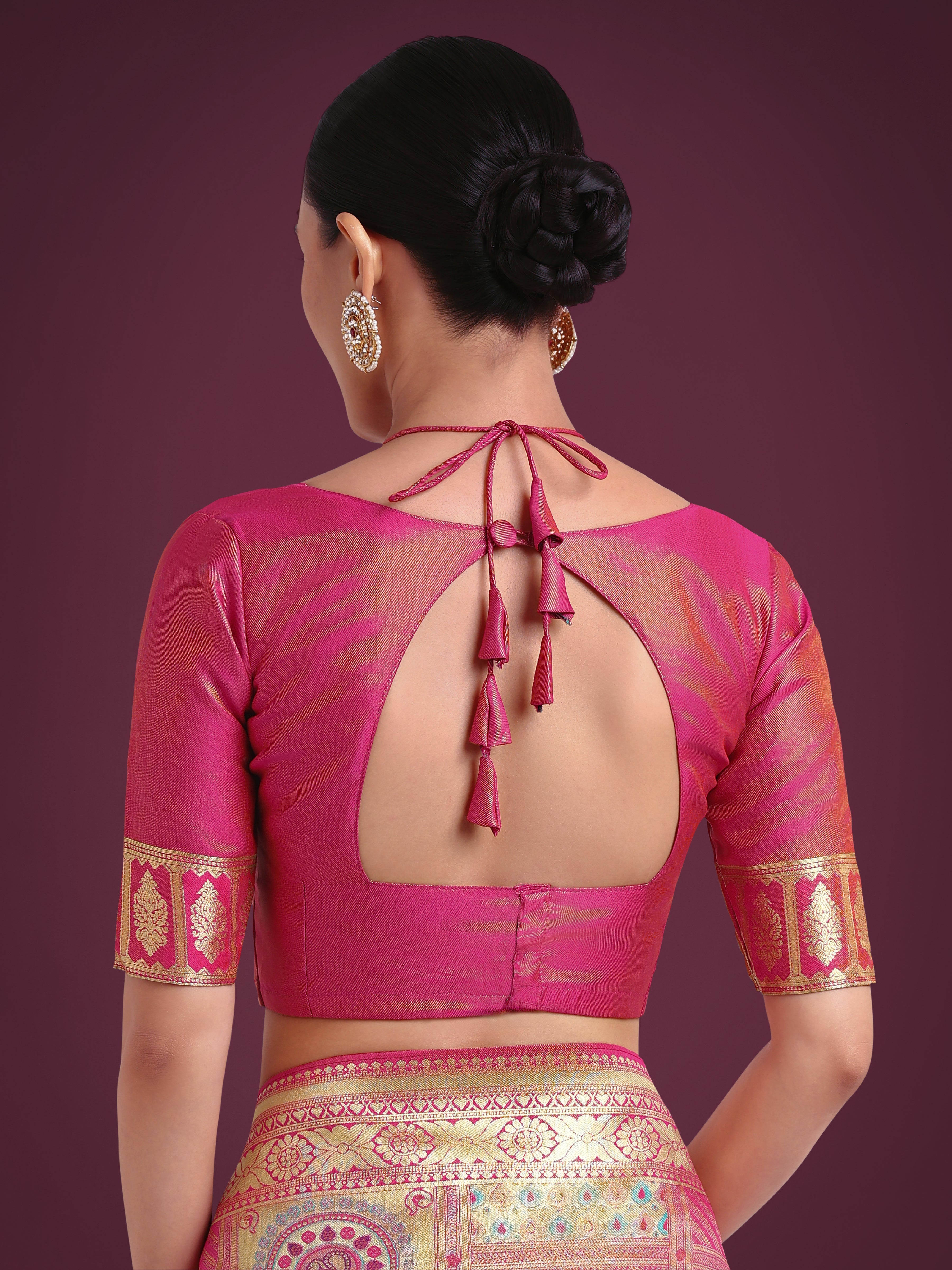 Charming Rani Pink and Gold Soft Banarasi satin Silk Saree With Pretty Blouse Piece