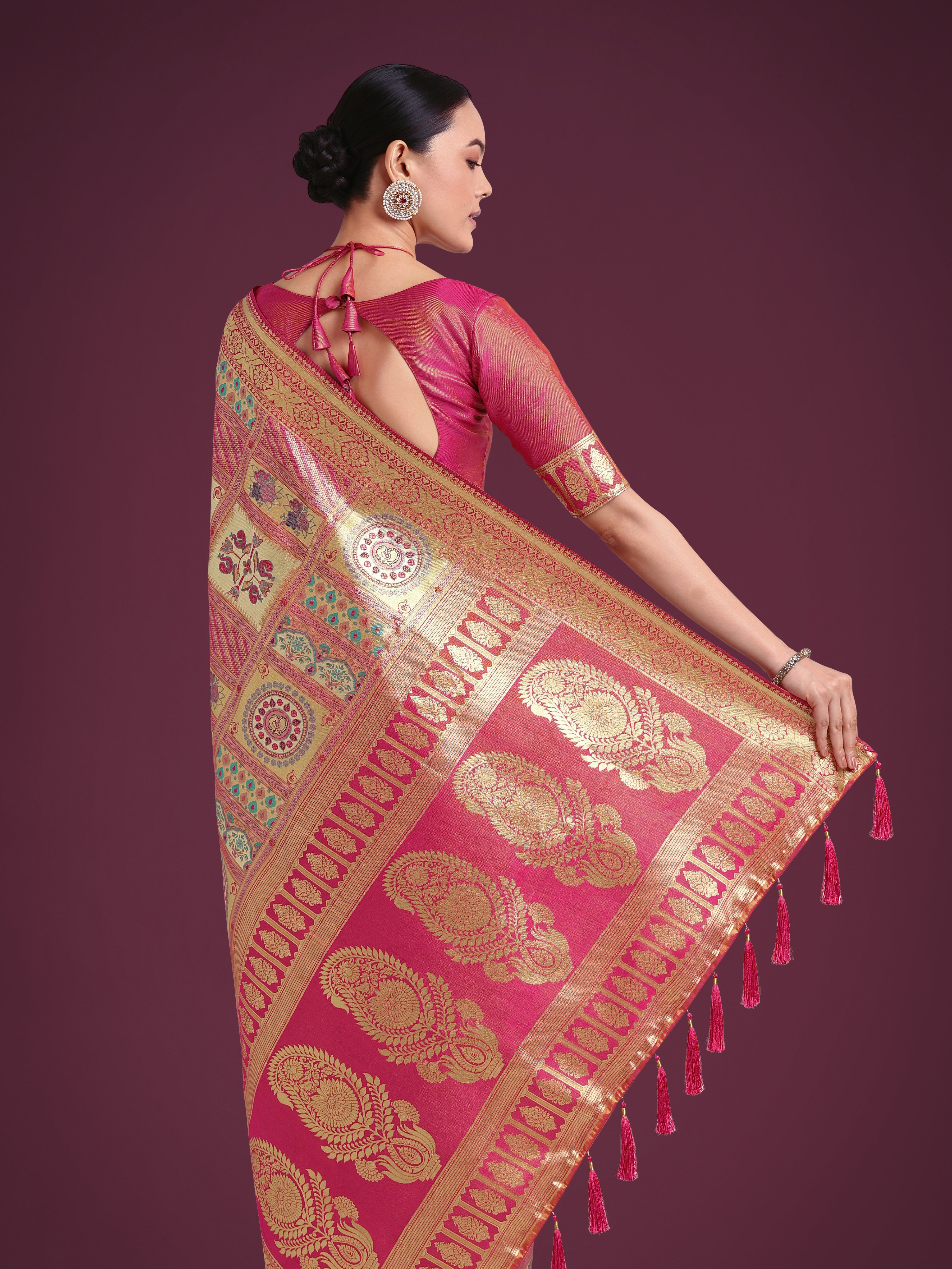 Charming Rani Pink and Gold Soft Banarasi satin Silk Saree With Pretty Blouse Piece