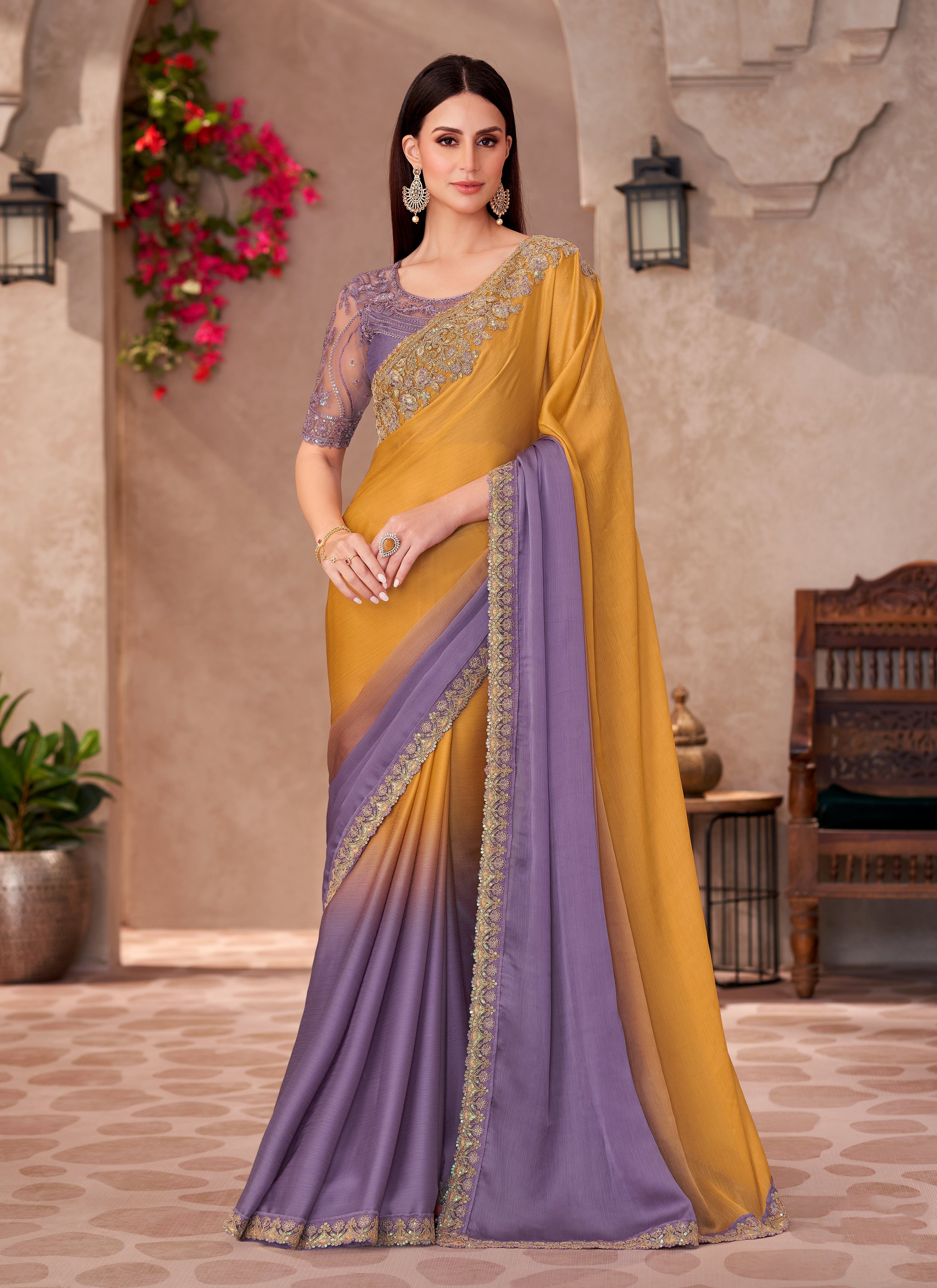 Chiffon silk Party wear Saree Mustard & Lavender Purple With Embroidery Work