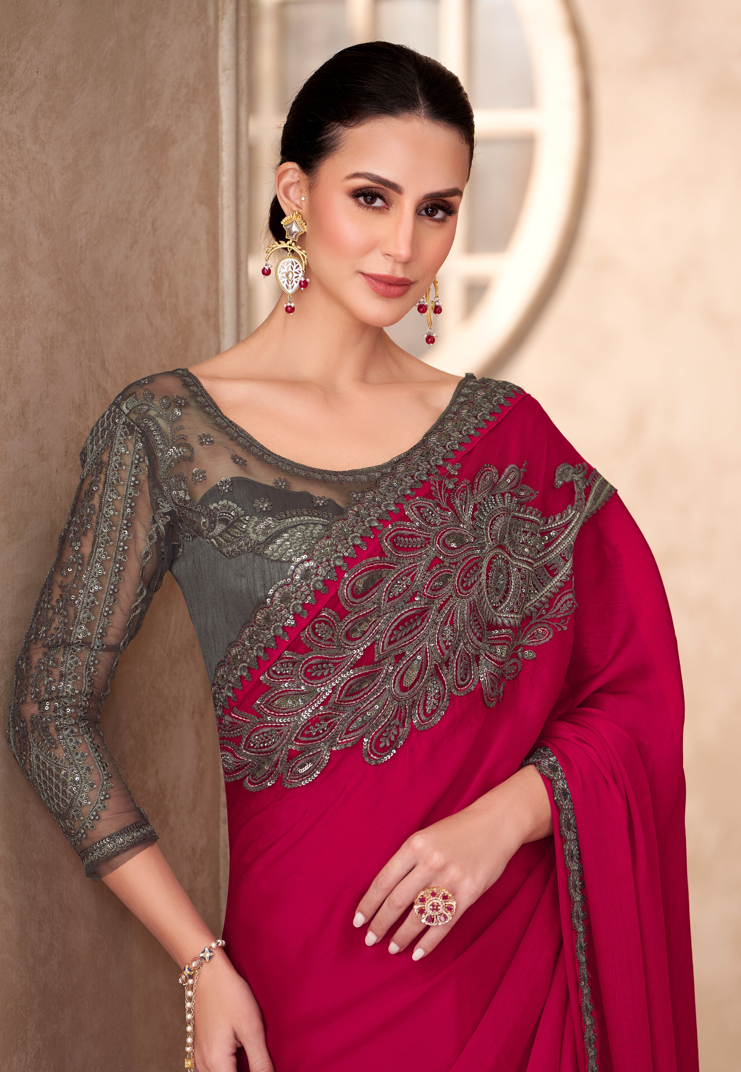 Chiffon silk Party wear Saree Raspberry Color With Embroidery Work