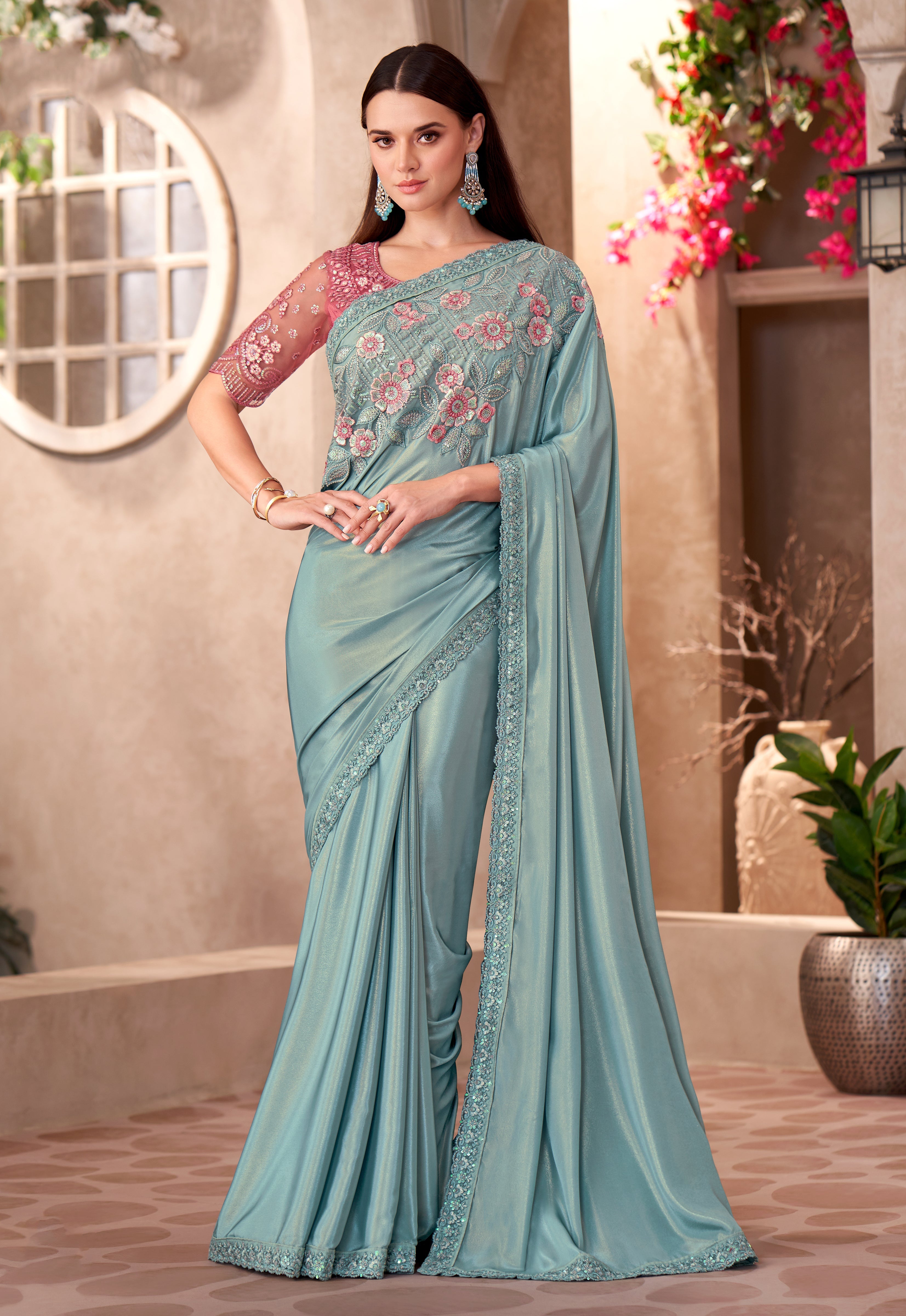 Chiffon Simmer silk Party wear Saree Sky Blue Color With Embroidery Work