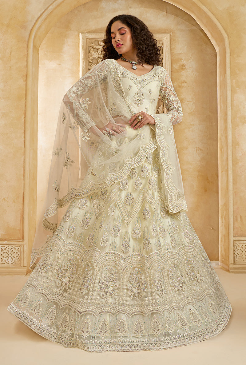 Off White Net Designer Lehenga Choli with Embroidered Work for Women
