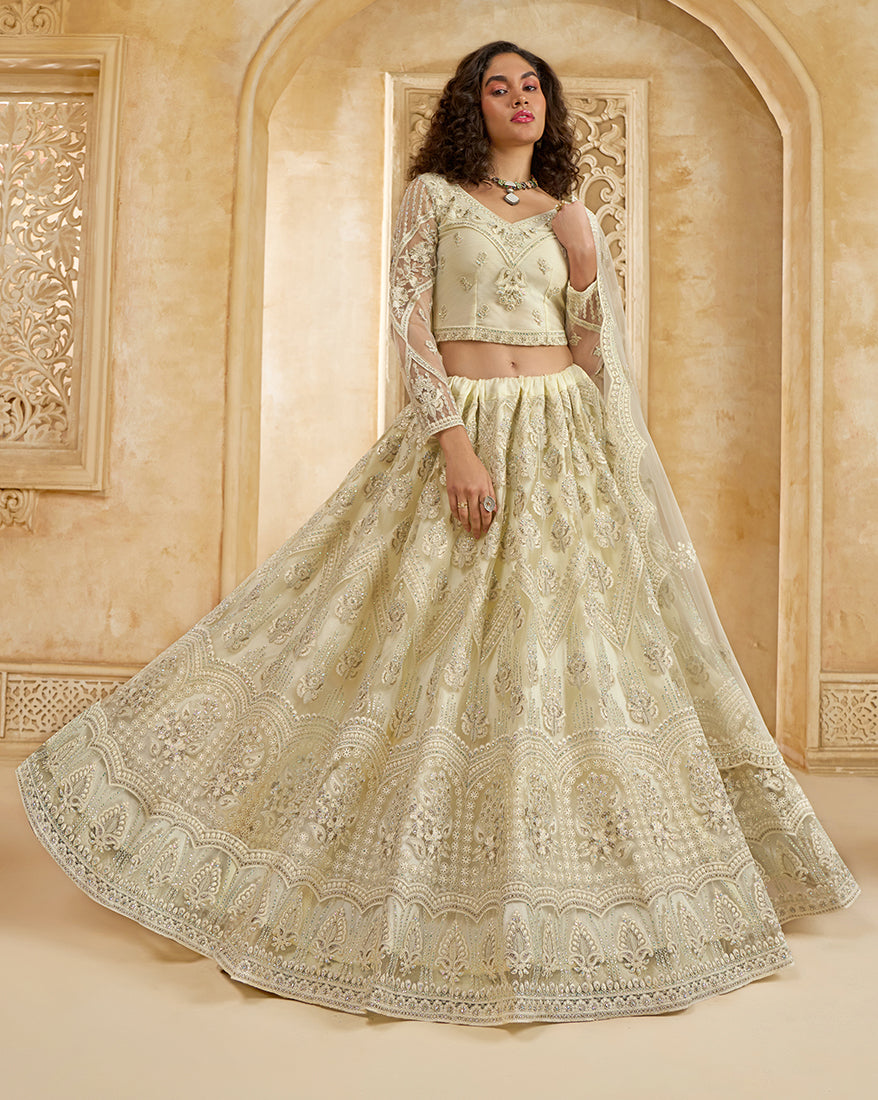 Off White Net Designer Lehenga Choli with Embroidered Work for Women