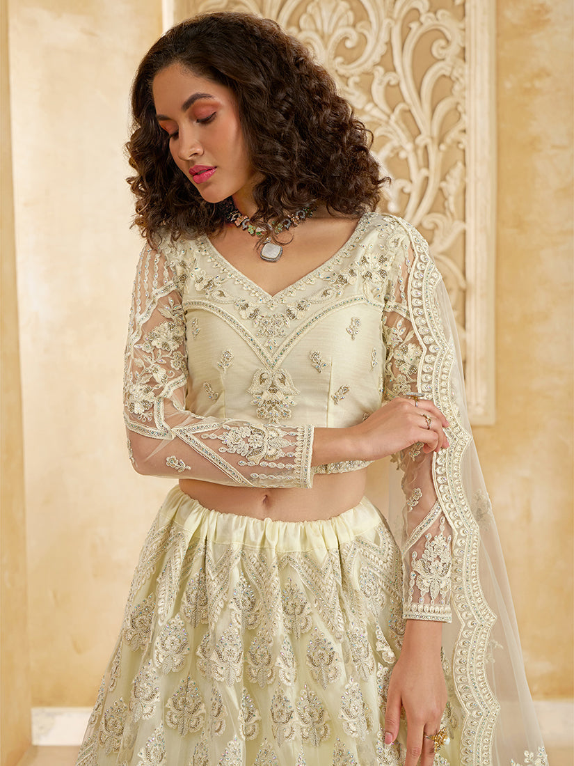 Off White Net Designer Lehenga Choli with Embroidered Work for Women
