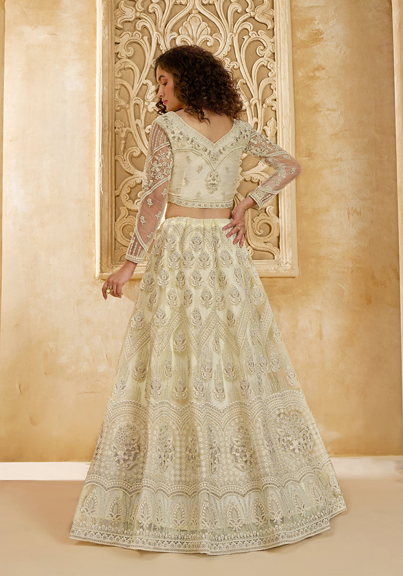 Off White Net Designer Lehenga Choli with Embroidered Work for Women