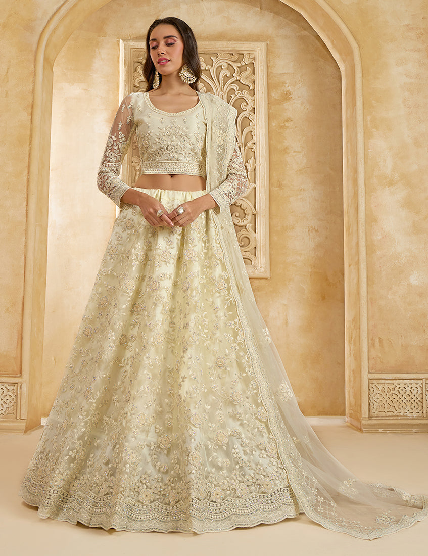 Cream Net Lehenga Choli With Embroidery Work For Festival