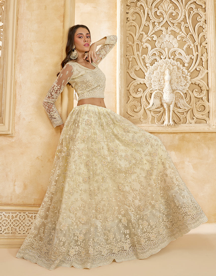 Cream Net Lehenga Choli With Embroidery Work For Festival
