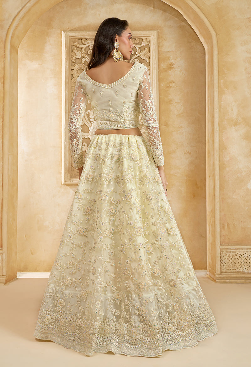 Cream Net Lehenga Choli With Embroidery Work For Festival