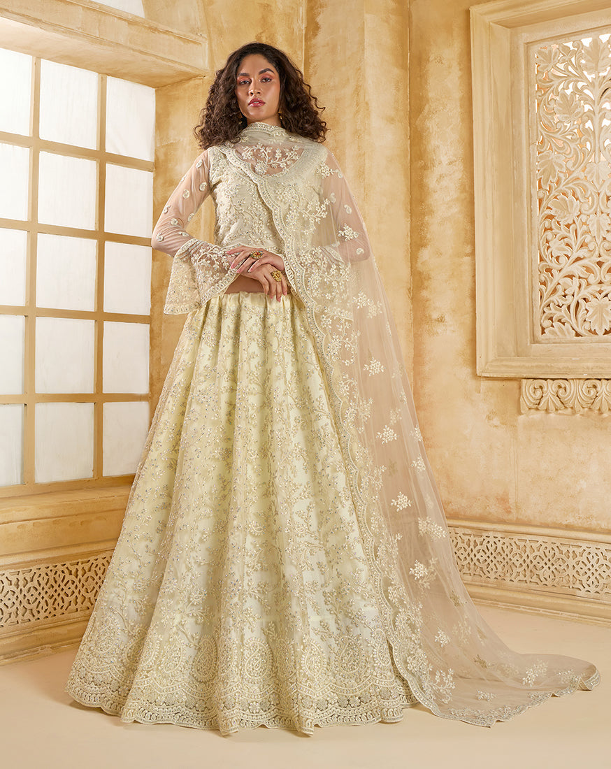 Cream Net Lehenga Choli With Embroidery Work For Festival