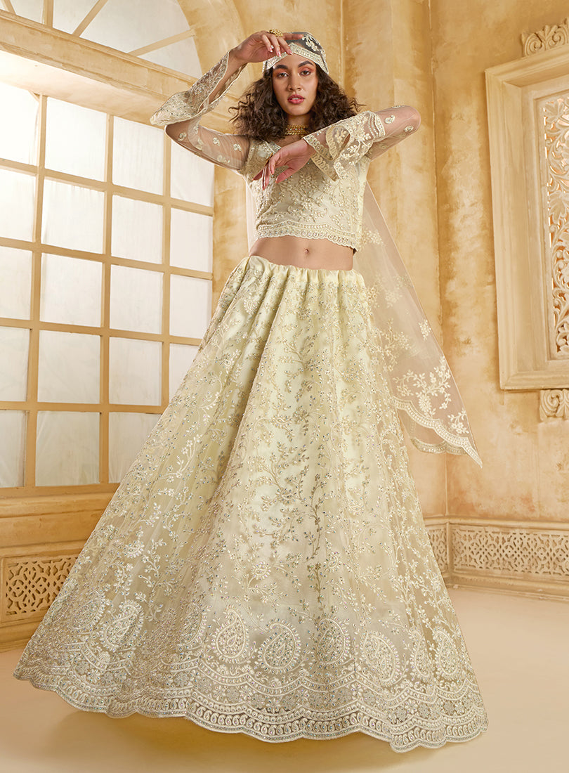 Cream Net Lehenga Choli With Embroidery Work For Festival