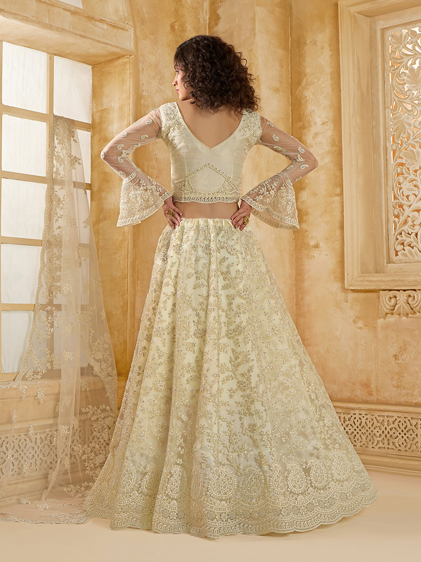 Cream Net Lehenga Choli With Embroidery Work For Festival