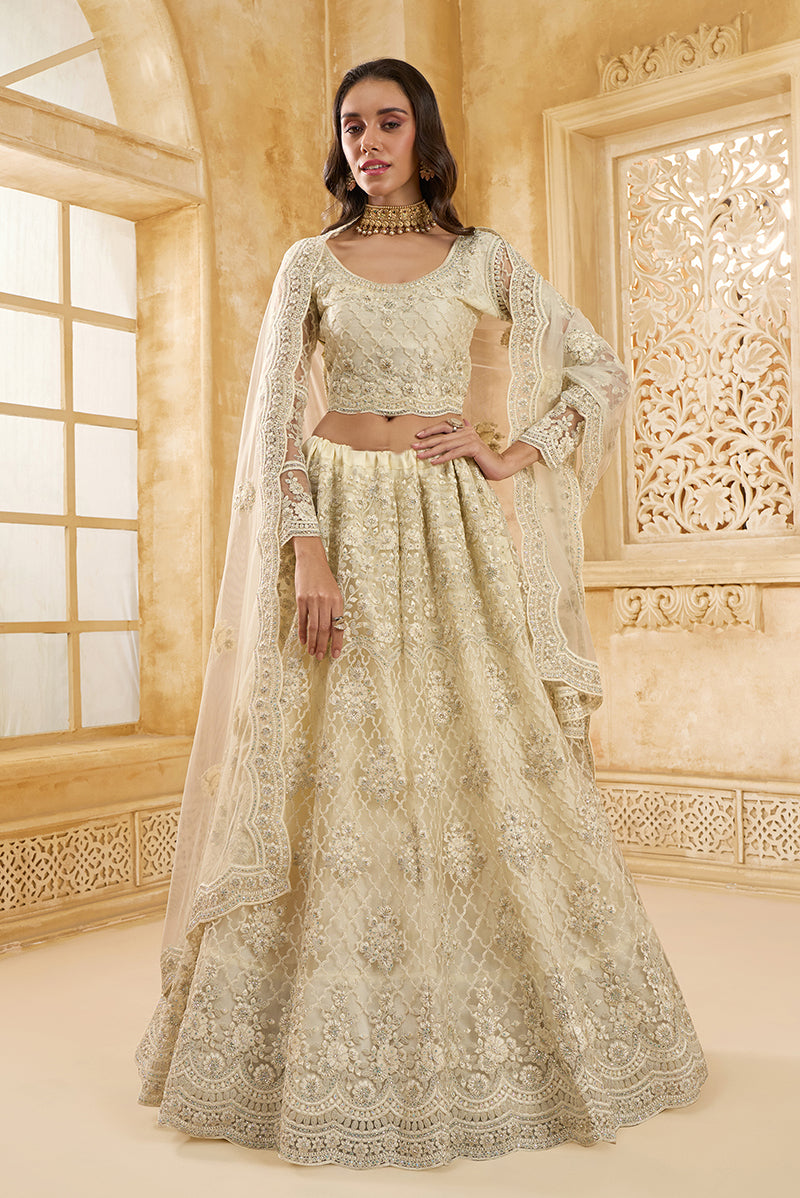 Cream Net Thread Embroidery Sangeet Designer Lehenga Choli
