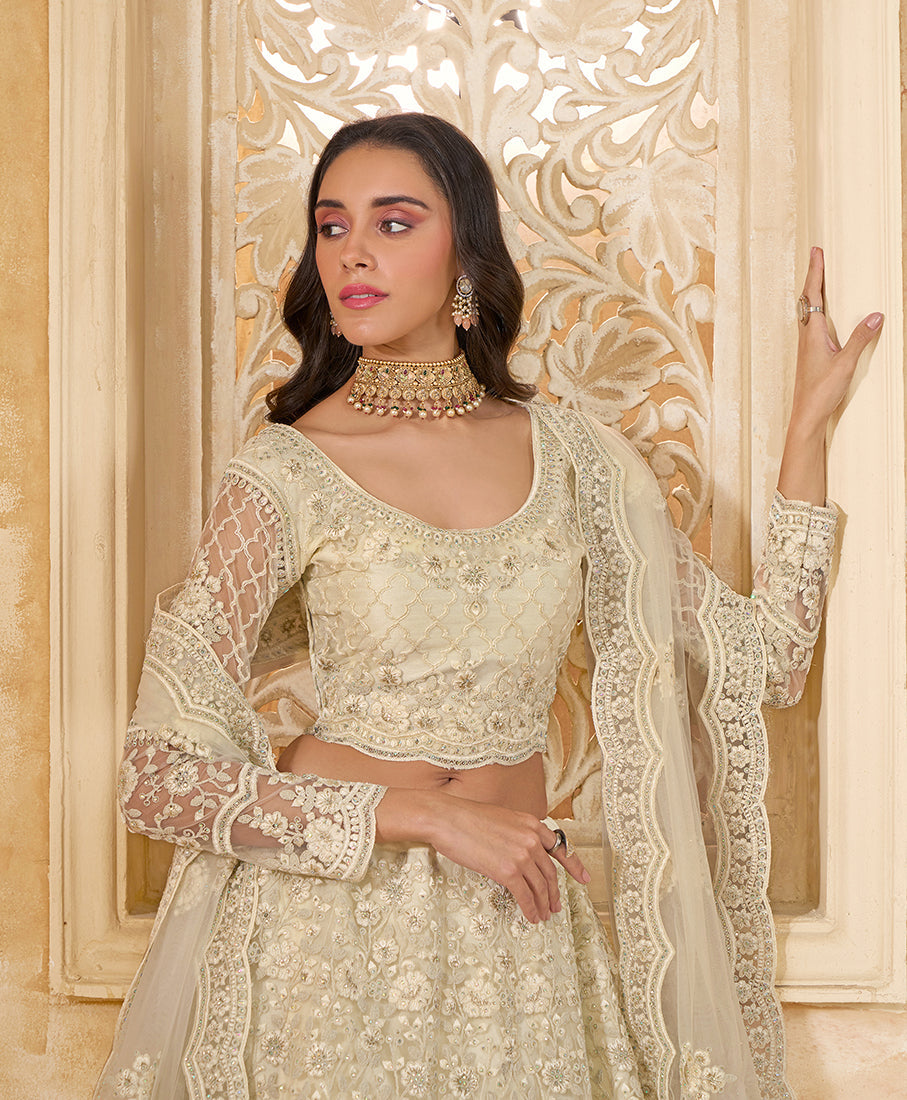 Cream Net Thread Embroidery Sangeet Designer Lehenga Choli